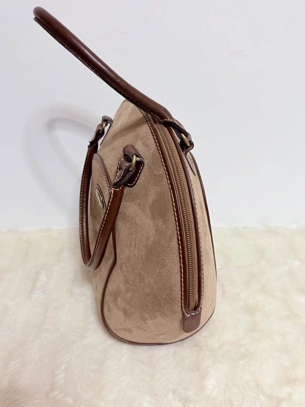 Antigua Beige Suede Dome Handbag with Brown Trim - Classic Women’s Bag